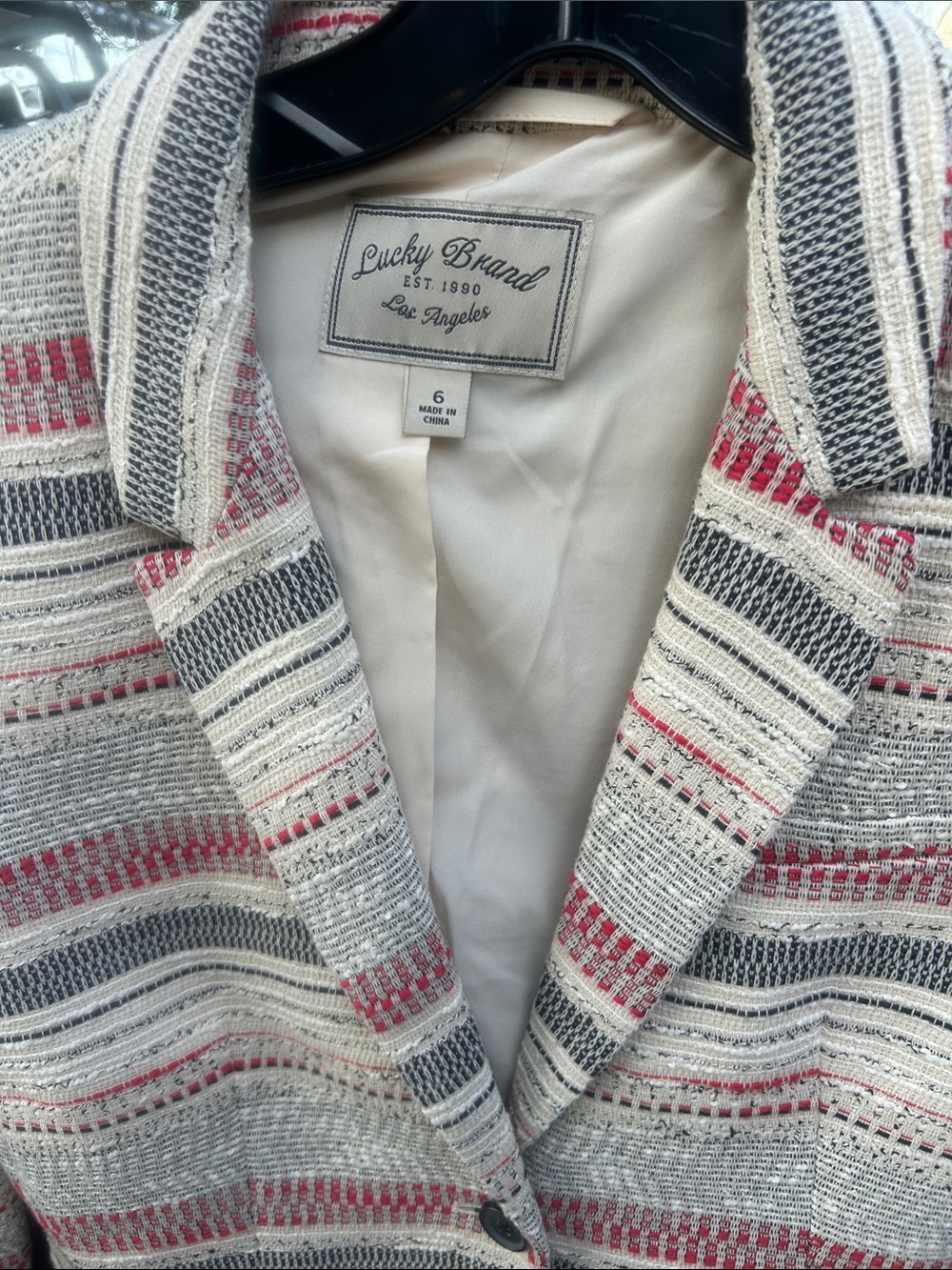 Lucky Brand Cream, Red & Gray Striped Tweed Blazer